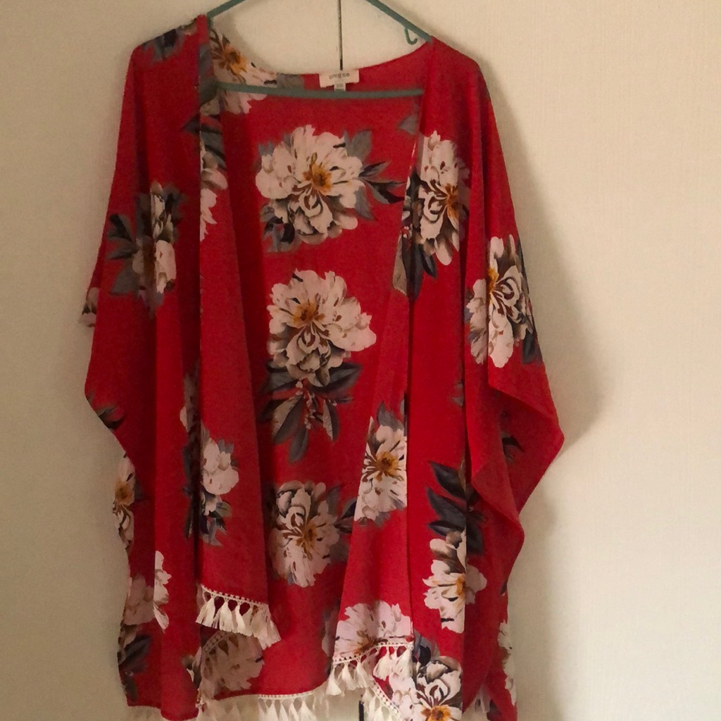 Woman’s Red Spring Easter Umgee Fringe Kimono Cardigan